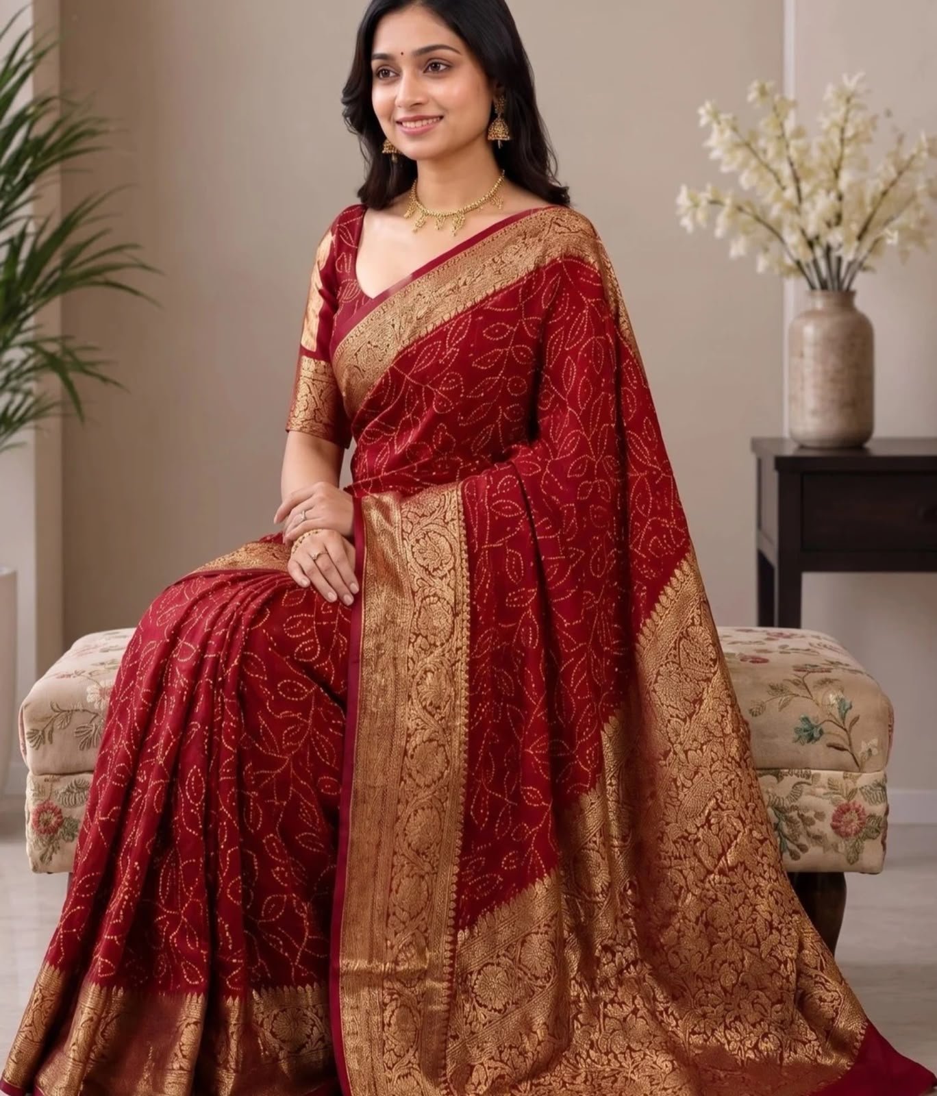 Maroon Bandhani Saree with Rich Golden Zari Border